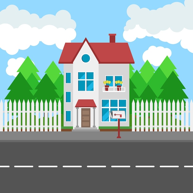 House along the road Part of the rural and urban landscape Vector illustration in flat style