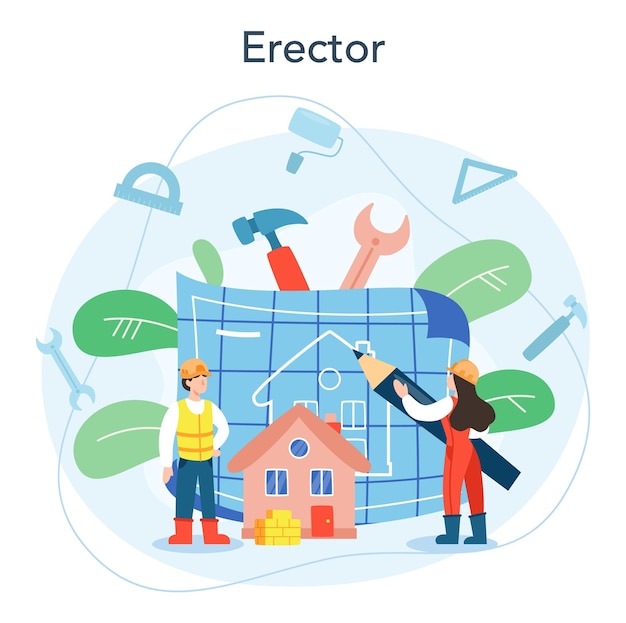 House building concept Workers constructing home with tools and materials Process of house building City development concept Isolated flat vector illustration