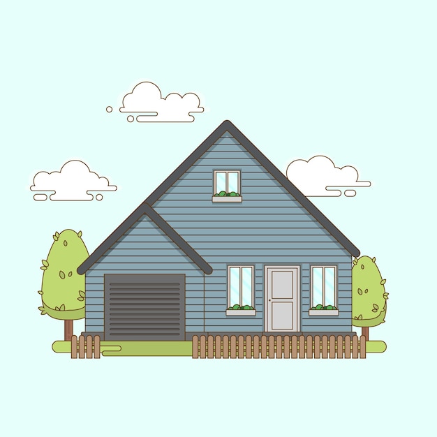 House Building Flat Design Minimalist Illustration with Garage Blue