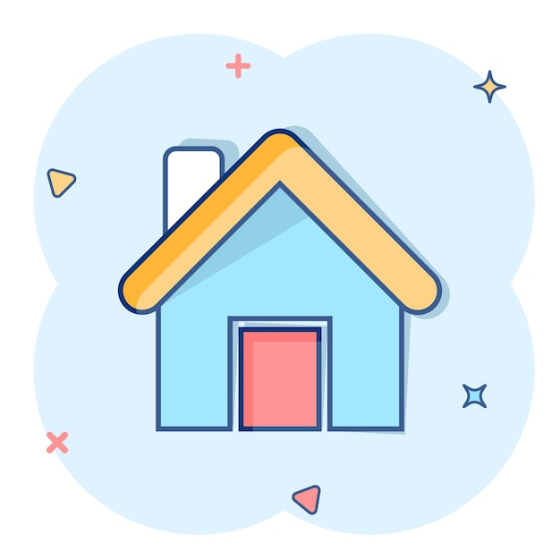 House building icon in comic style Home apartment vector cartoon illustration pictogram House dwelling business concept splash effect