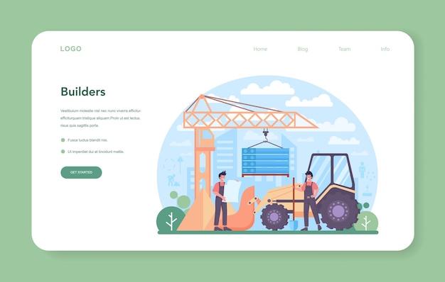 House building web banner or landing page. Workers constructing home with tools and materials. Process of house building. City development concept. Isolated flat vector illustration