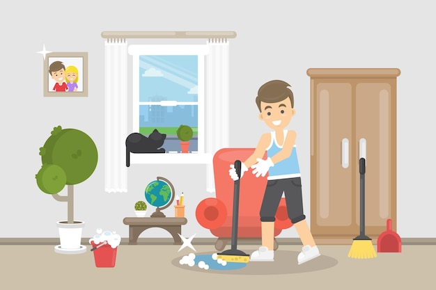 House cleaning illustration Happy smiling man do cleaning in the room