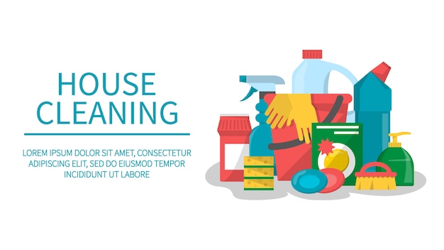 House cleaning service isolated web banner. Spray, spong and brush, equipment for domestic work. Bottle with chemical product and soap.