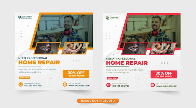 House construction advertisement template with red and orange colors Home renovation social media post vector for online marketing Real estate home repair service web banner design