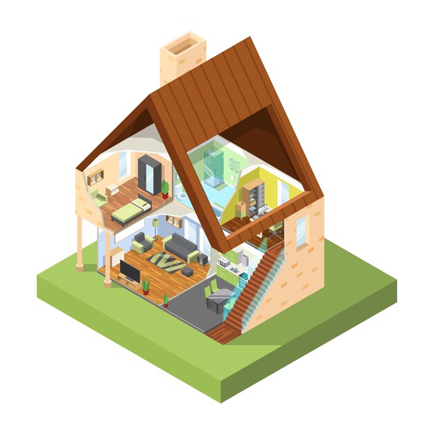 Vector house cutaway isometric. interior of modern house with different rooms with furniture pictures