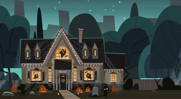 House Decorated For Halloween, Front View With Different Pumpkins