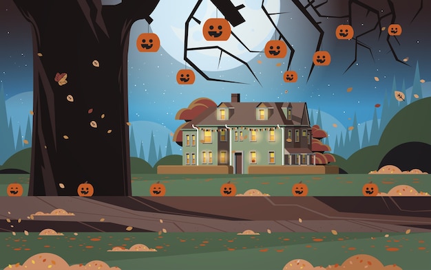 house decorated for halloween holiday celebration home building front view with pumpkins night landscape background