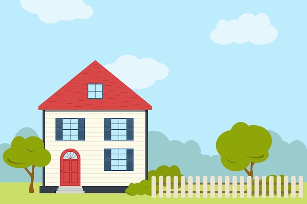 House exterior vector illustration Building with fence and trees against blue sky