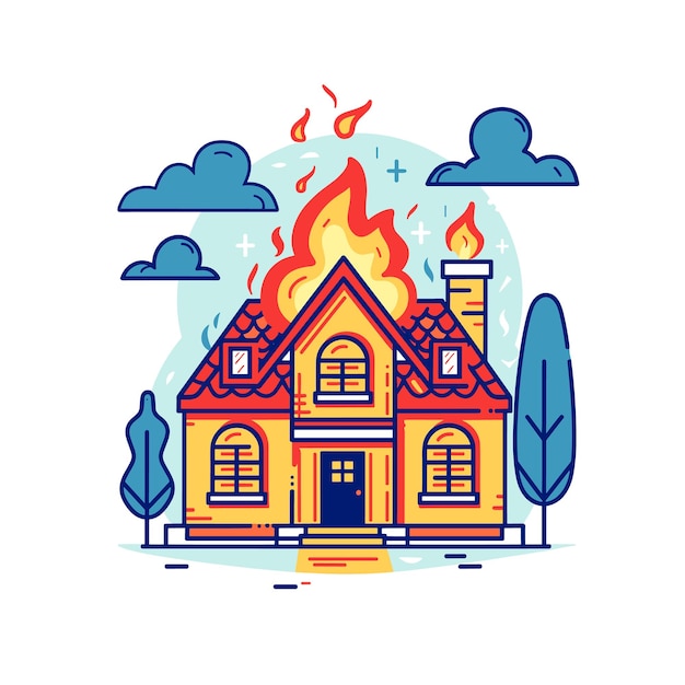 House fire graphic artwork intense flames engulfing rooftop emergency situation Colorful vector