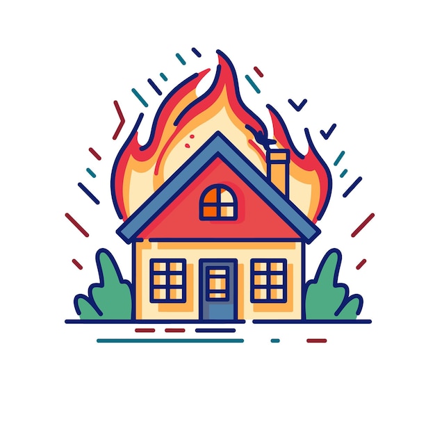 House fire graphic artwork intense flames engulfing rooftop emergency situation colorful vector