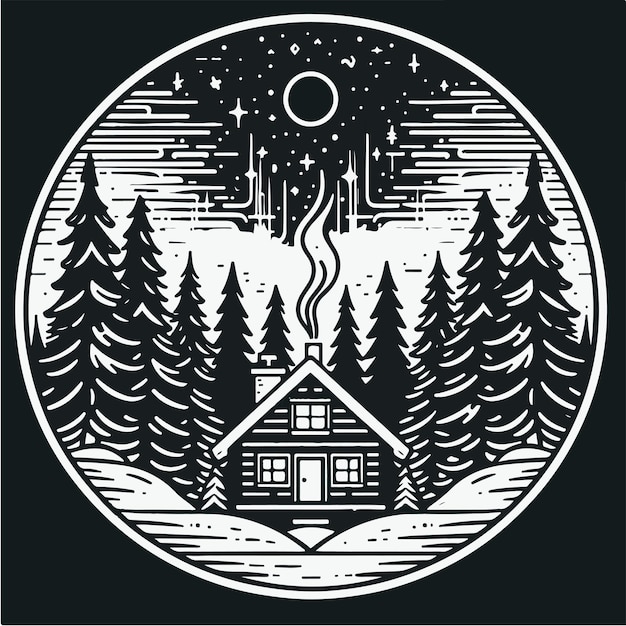 a house in the forest with a moon and stars