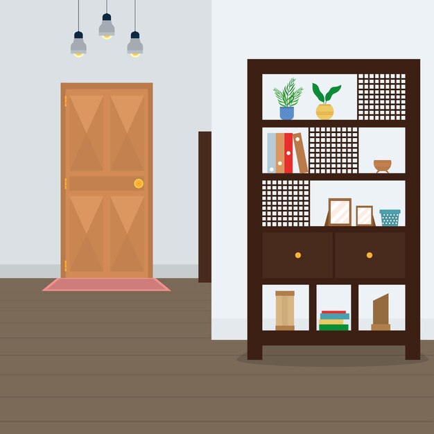 Vector house hallway illustration with bookshelf