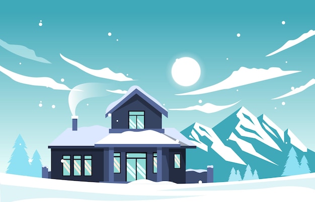 House Home in Mountain Snow Fall Winter Illustration