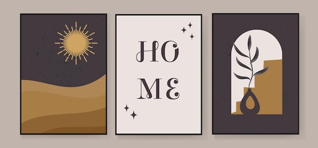 House inscription text Set of 3 creative abstract illustrations with a desert and an arched window