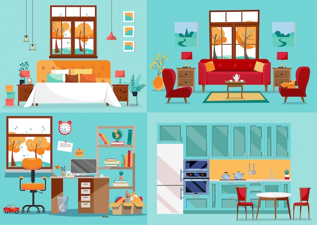 House interior 4 rooms. Inside front views of kitchen, living room, bedroom, nursery. Furnishing interior home rooms. Interior view for furnishing . Flat cartoon style  illustration