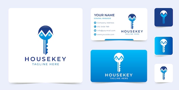 House and key logo design vector with business card