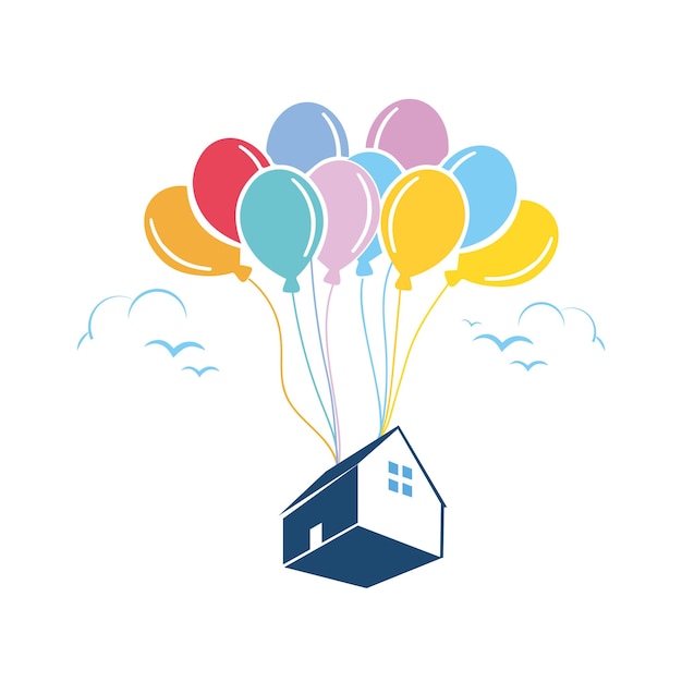 A house lifted to the sky by air balloons. home with balloons vector.