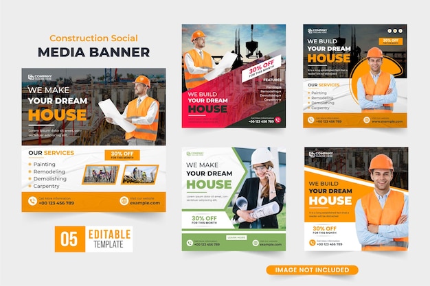 Vector house making business template bundle with red and yellow colors real estate construction service web banner collection for online marketing construction service social media post set design