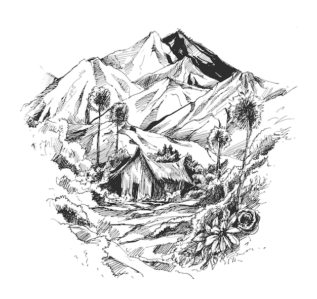 House in mountain landscape Hand Drawn Sketch Vector illustration