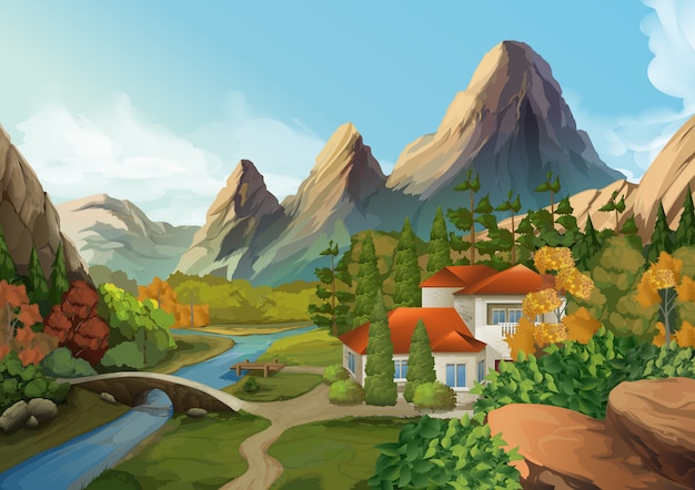 House in the mountains, nature landscape illustration