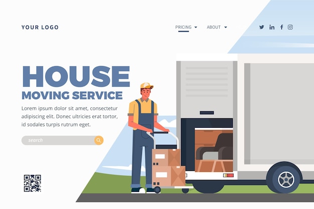 Vector house moving services landing page template with truck