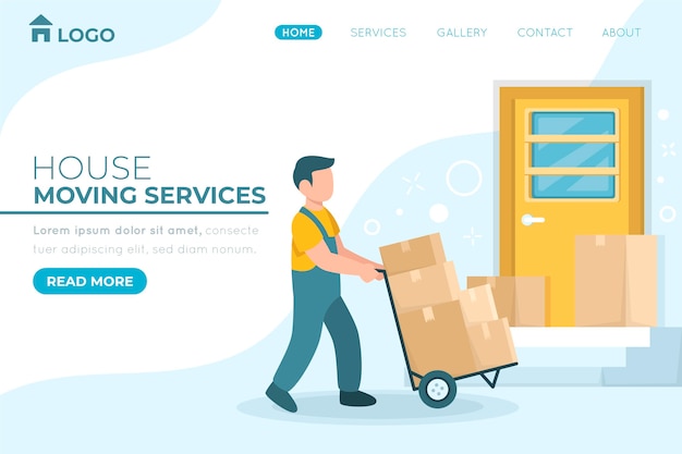 Vector house moving services landing page with boxes