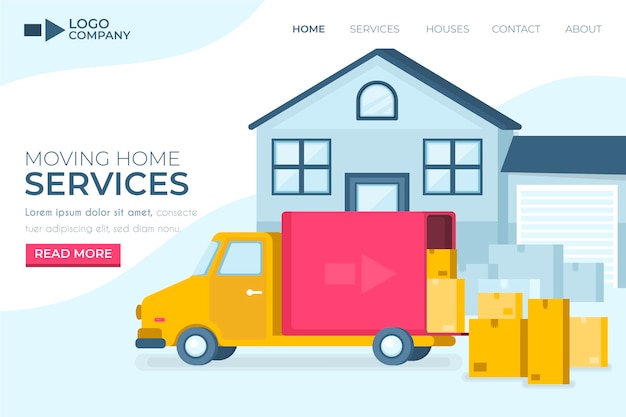 Vector house moving services landing page with truck