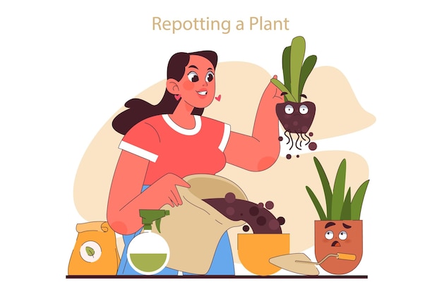 Vector house plant care tips woman enjoy gardening taking care and repotting