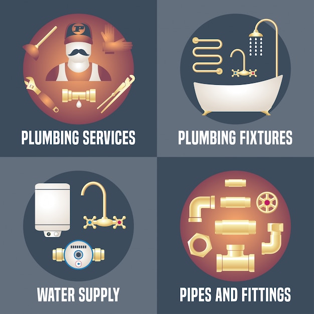 House plumbing - collection of four banners, posters with plumbing symbols. Handyman services advertising illustrations