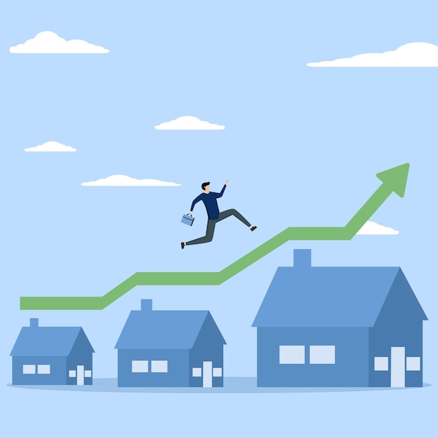 House price rising concept, real estate or property growth concept, businessman walking.