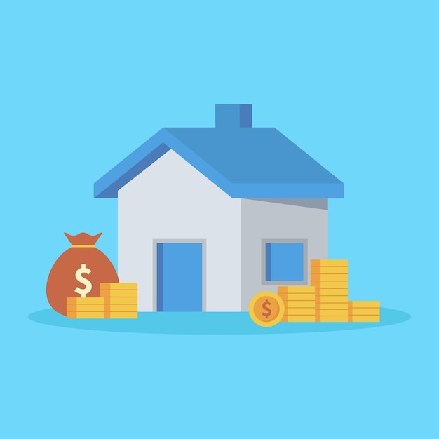 House property with money isolated on blue background