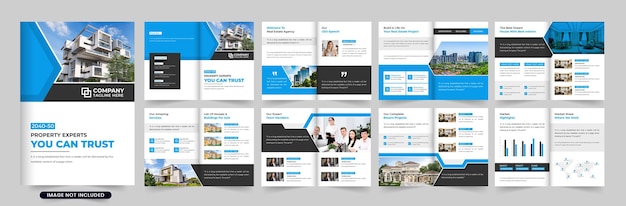 House sale promotional magazine template vector with blue and dark colors Modern real estate agency portfolio booklet layout design with blue and dark colors Home selling business brochure vector