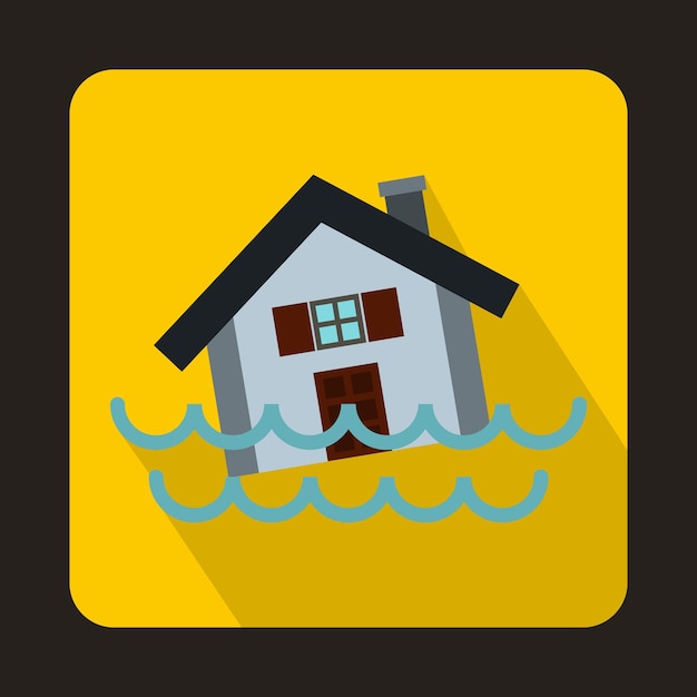 Vector house sinking in a water icon in flat style on a yellow background