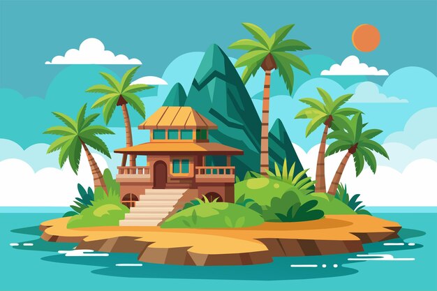 Vector a house situated on a tropical island surrounded by palm trees under a clear sky tropical island customizable semi flat illustration