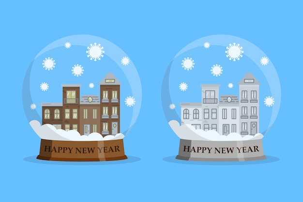 House in snowball with falling covid-19 bacteria. Happy new year stay home concept. in flat design.