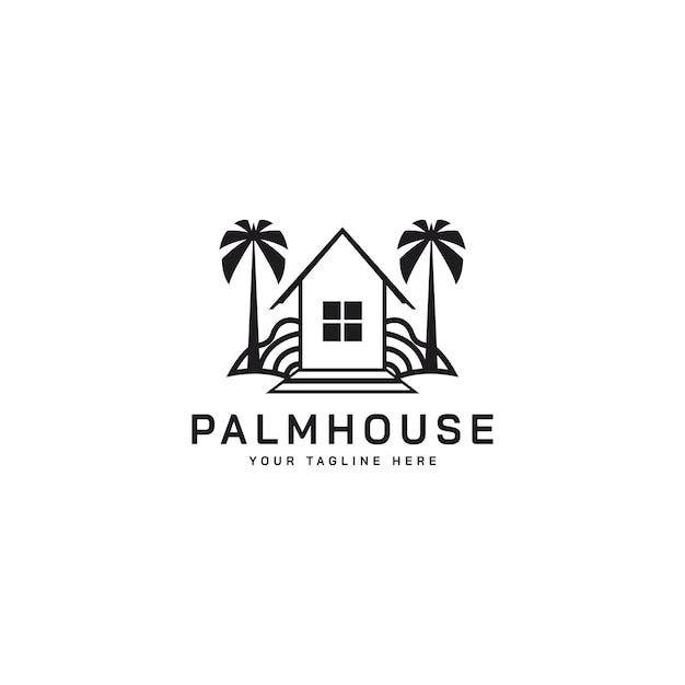 House surrounded with palm tree vector logo design illustration