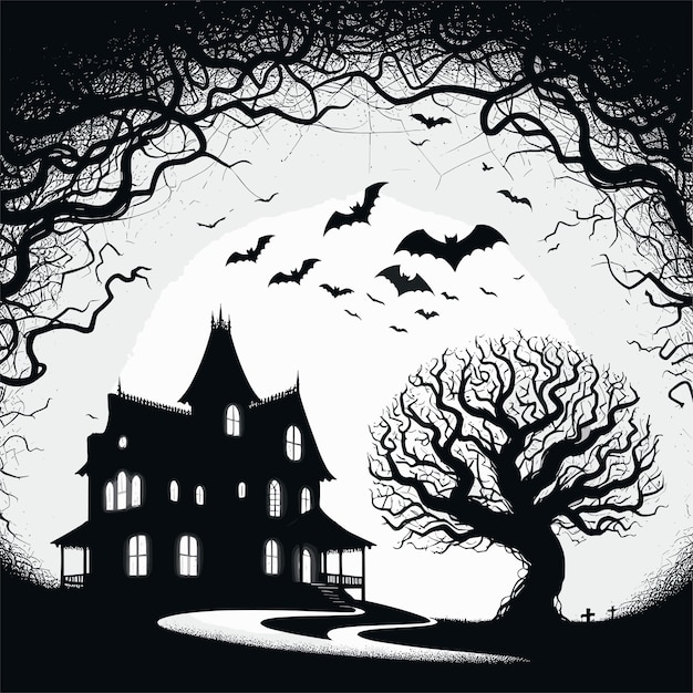 a house with bats flying in the sky Halloween house with a bat and big tree