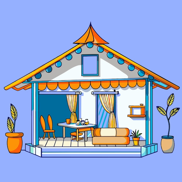 Vector a house with a blue roof and a yellow roof with a plant in the corner