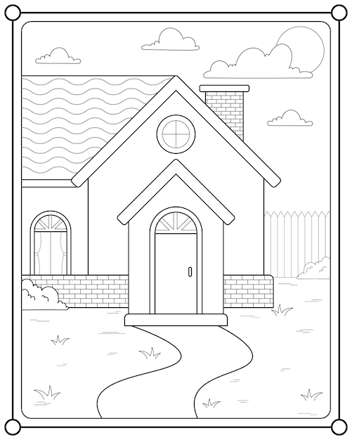 House with garden suitable for children's coloring page vector illustration