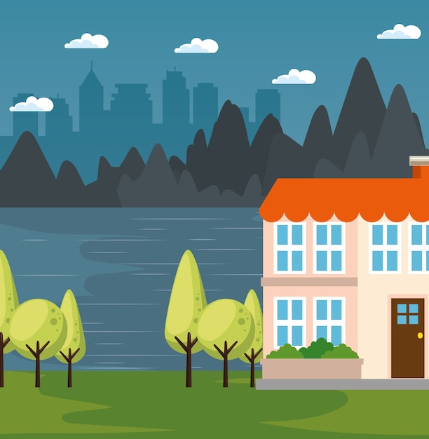 House with lake mountains and city skyline behind vector illustration