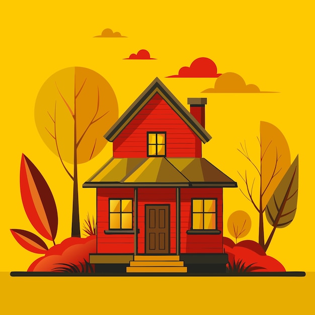 Vector a house with a red roof and a yellow background with trees and a sky with clouds vector