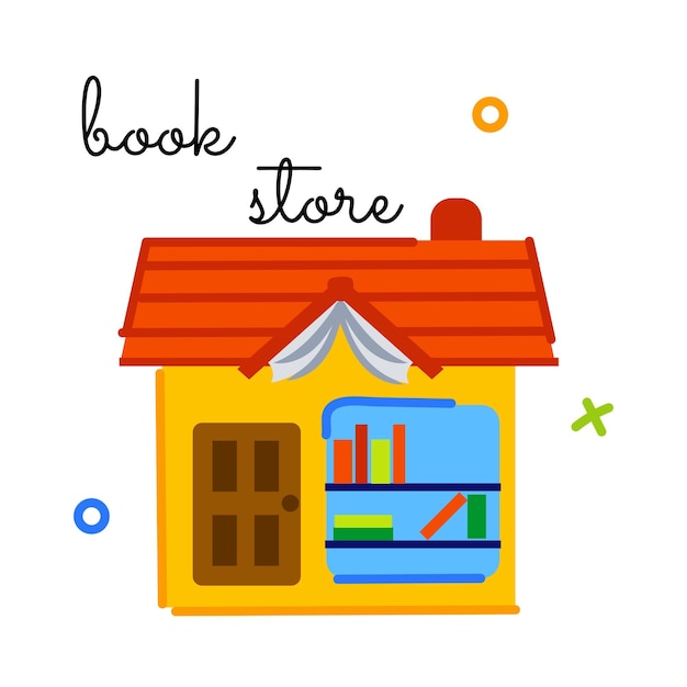 a house with a red roof and a yellow house that says book store