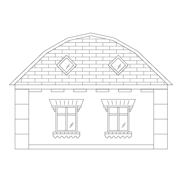 House with windows, rural house, black line drawing, doodle isolated on white background.