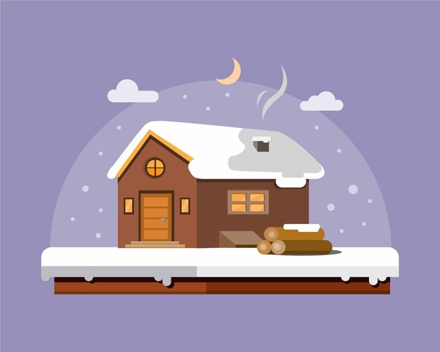 house wood snow winter flat design illustration background