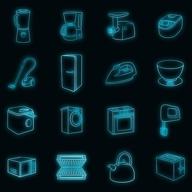 Household appliances set icons in neon style isolated on a black background