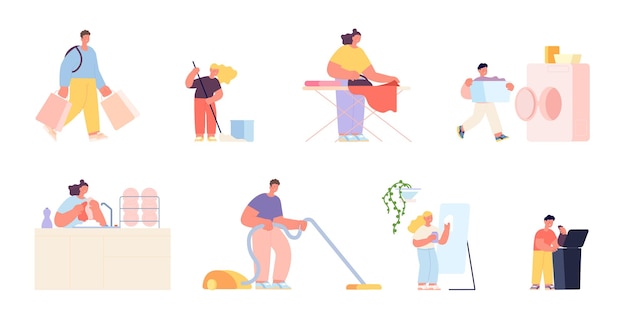 Household characters Cleaning house woman cleans dirty home Family doing housework adults and children with mop and bucket utter vector set