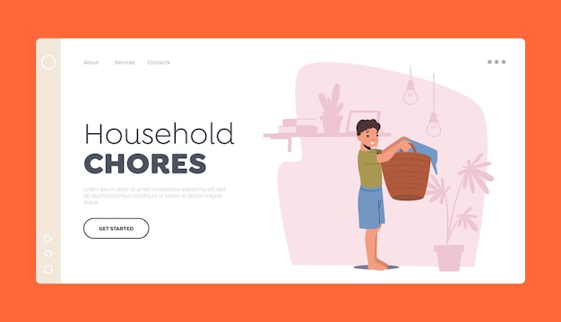 Household Chores Landing Page Template Little Boy Character Holding Basket with Linen Ready for Washing in Laundry Son Help to Parents Doing Housework Duties Cartoon People Vector Illustration