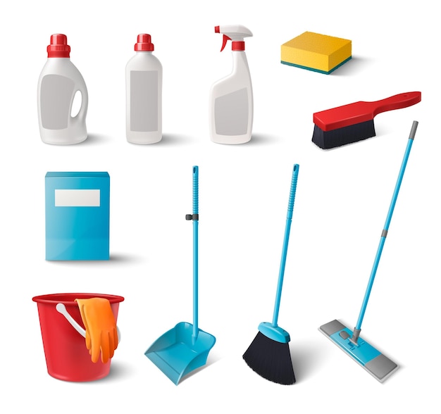 Household cleaning products realistic icons set with detergent bottles and brooms isolated vector illustration