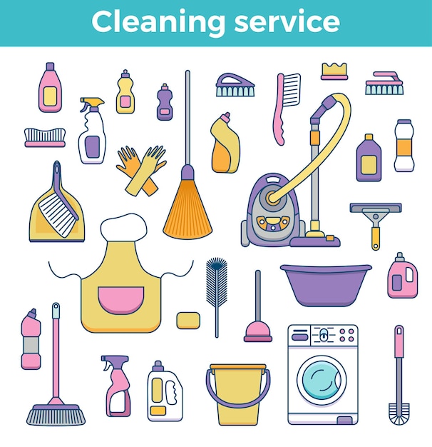 Household cleaning supplies isolated elements set in outline flat style.