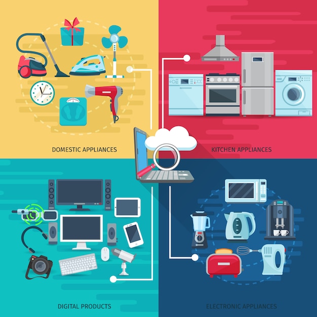 Household elements concept set of domestic appliances kitchen equipment and digital products square composition flat vector illustration      